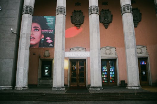 pexels-photo-1671024-1671024 Exterior view of a vintage theatre entrance with tall pillars and a colorful poster.