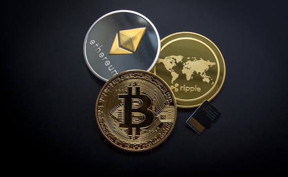A striking image of Bitcoin, Ethereum, and Ripple coins illustrating modern digital currency.